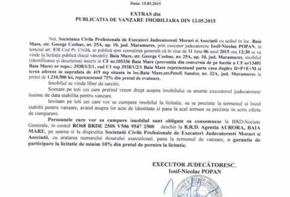 Vanzare casa si teren in Baia Mare – Extras publicatie vanzare imobiliara, din data de 19. 05. 2015
